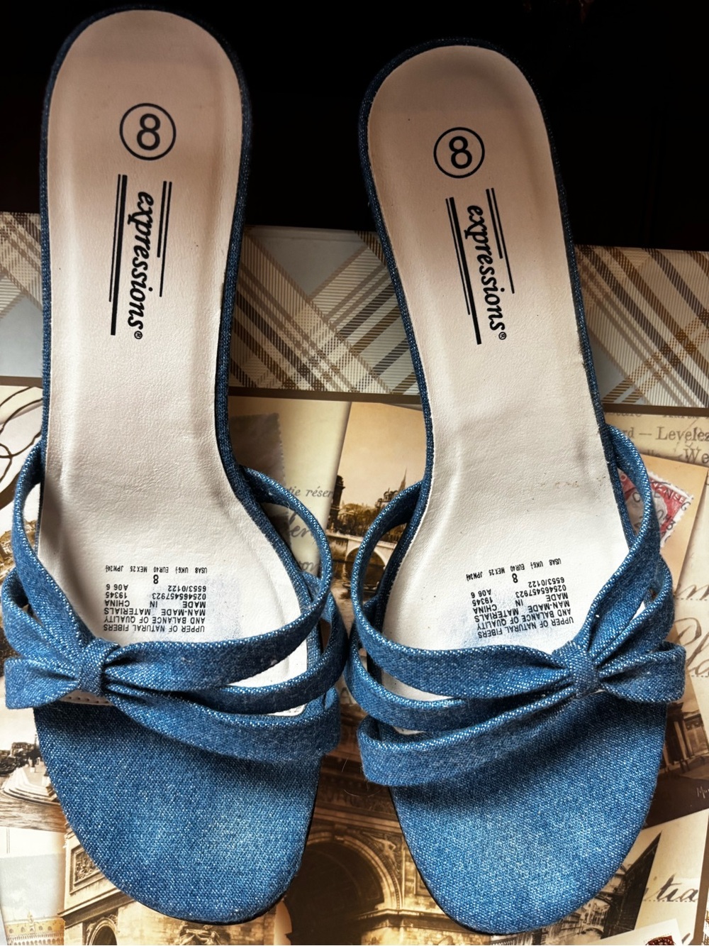 vintage Expressions blue denim kitten-heel slide sandals size 8